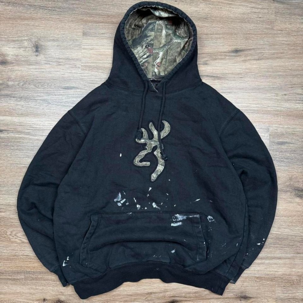 beautifully distressed black camo paint splattered browning heavyweight hoodie